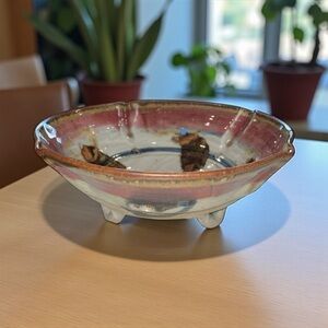Handmade ET Signed Artisan Ceramic Berry Bowl Rustic Glazed Footed Colander